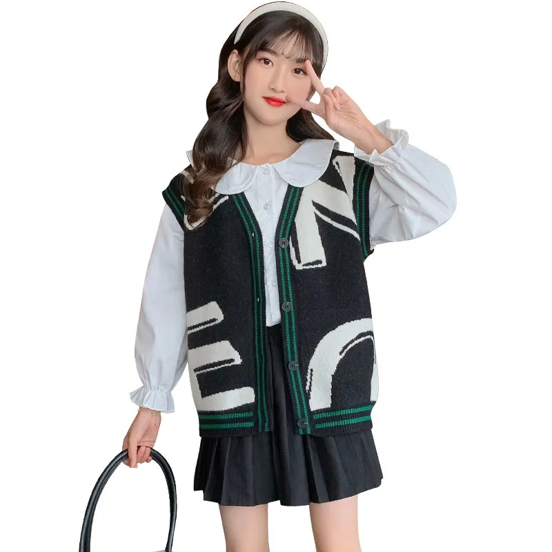 

Autumn Teenage Girls Waistcoat Korean Letter Knitted Sleeveless Vests for Children Single Button Toddler Girl Winter Clothes