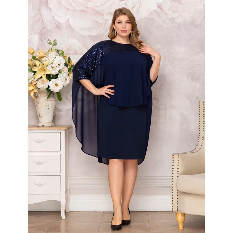 2023 Plus Size Navy Blue Round Neck Beaded Loose 4XL 5XL Elegant Women's Dress Plus Size Dress 2023 Summer
