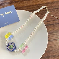 ins lovely pearl cartoon necklace sweet cool color acrylic flowers clavicle chain necklace women cute teen girl jewelry trend