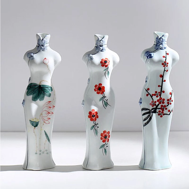 Фото Неоклассический китайский Cheongsam из селадона, ручная роспись, керамическая подставка для цветов, гидропонное устройство для сухих цветов, украшение для стола №1