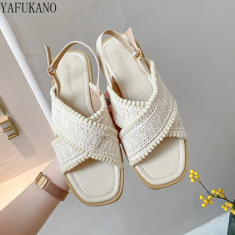 

Bohemian Style One Word Belt Sandals Female 2022 Summer Girl Retro Flat Bottom Fairy Wind Outdoor Gentle Shoes Casual Sandalies