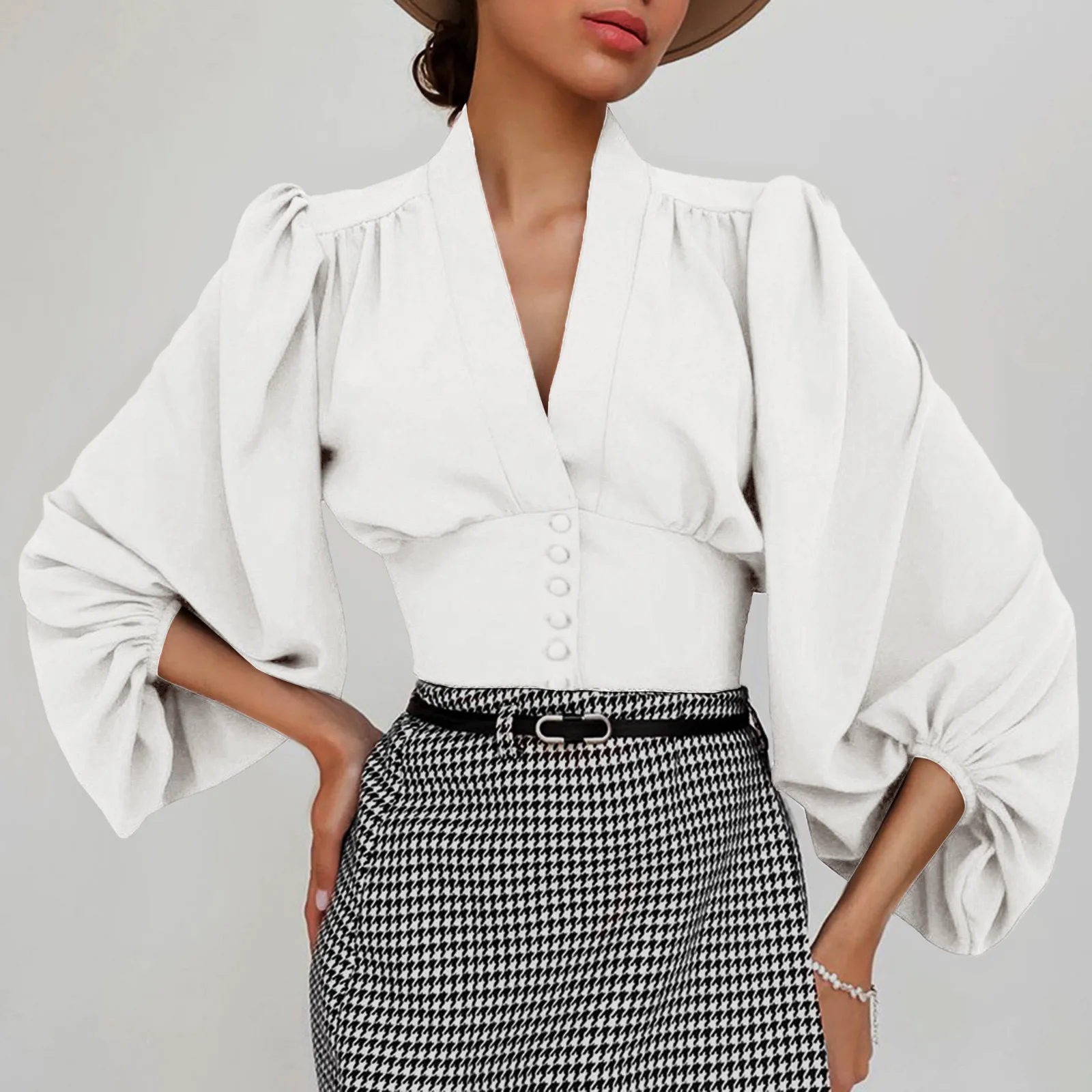 

Women Sexy Top Blouse Long Sleeve V Neck Button Front Puff Sleeve Tops Hooded Tunic Sweatshirt Women Zipper Fleece Jacket Women