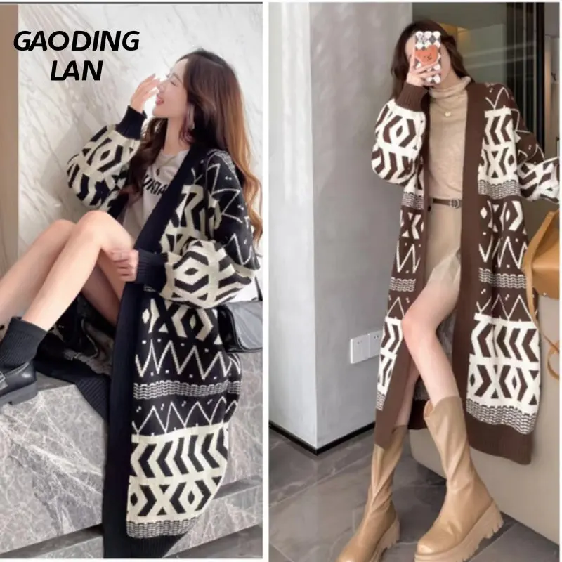 

Женский вязаный кардиган до колен, свободный свитер с длинным рукавом, большие размеры, в винтажном стиле, Осень-зима