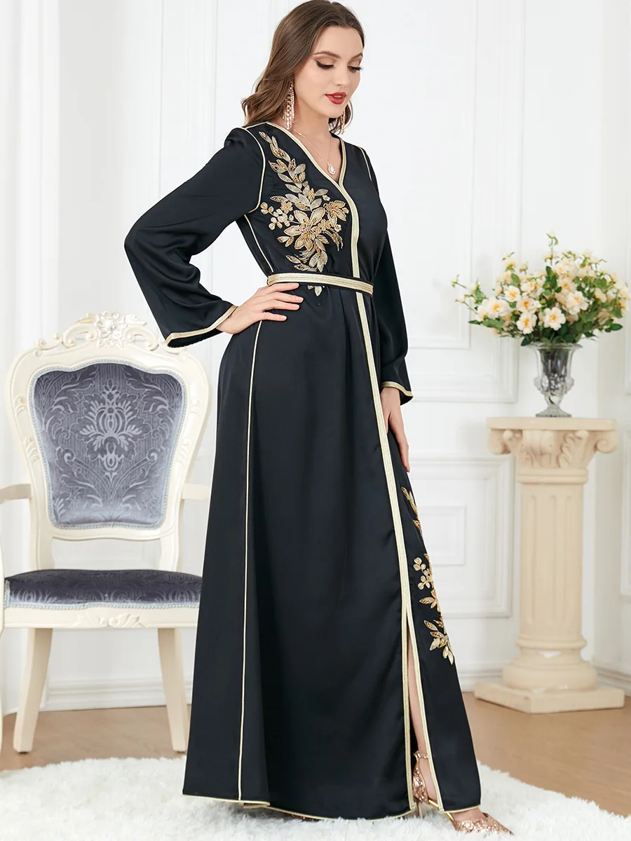 Women Muslim Elegant Black Chiffon Embroidery V-neck with Belt Robe Dubai Abaya Arab Islamic Women Moroccan Kaftan Dress