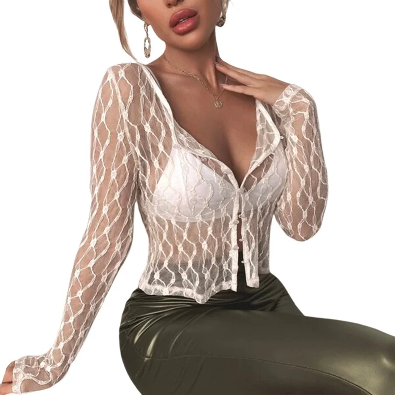 

Sexy See-through Lace T-shirt Crop Tops Black White Summer 2021 Spring Women Long Sleeve Slim Button Down Cardigan Tees Outfits