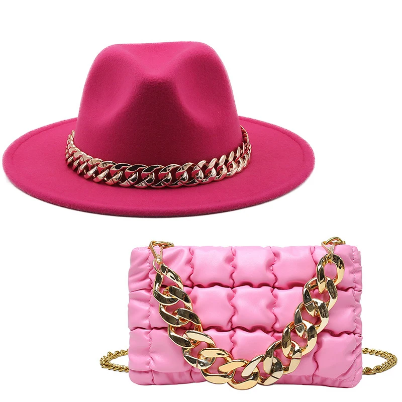 

Branded Women's Shoulder Bags Thick Chain Quilted Shoulder Purses Women Clutch Bags Ladies Hand Bag With Felt Hat Fedoras
