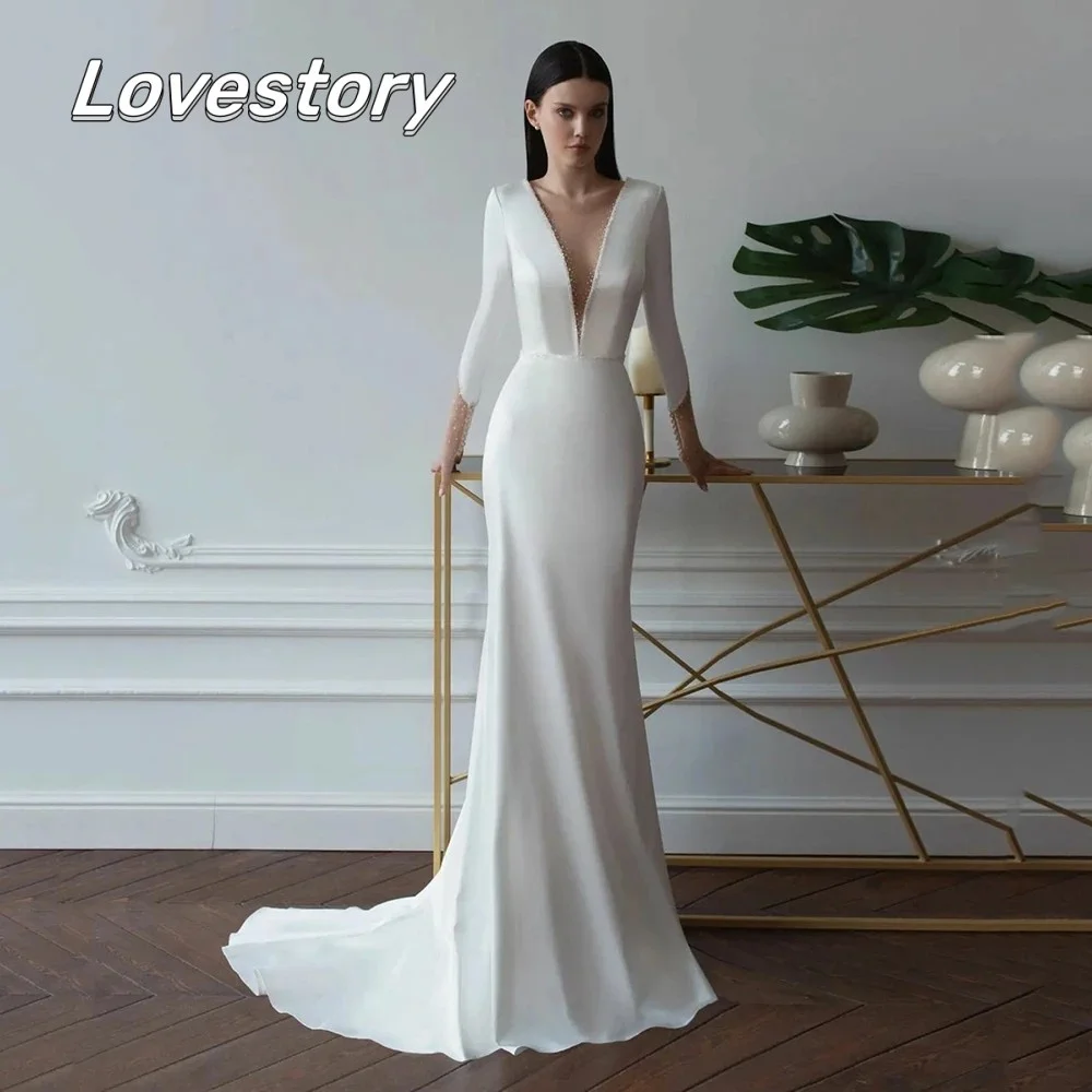 

Ivory Mermaid Wedding Dresses Sexy V-Neck Long Sleeves Beading Bride Robe Open Back Bridal Gowns 2023 Illusion Vestidos De Noiva