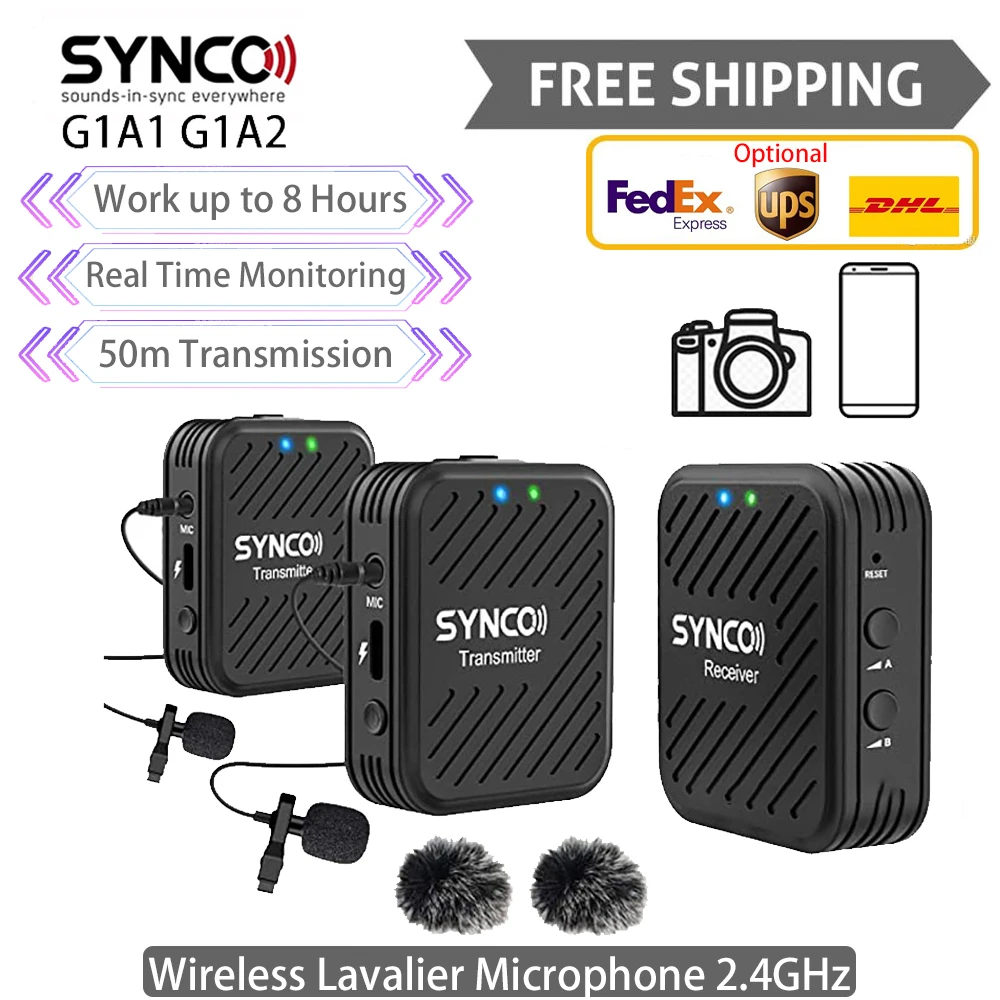 SYNCO G1 A1 A2 Wireless Lavalier Microphone System Condenser Studio Mic Transmitter Receiver for Smartphone Laptop DSLR Tablet