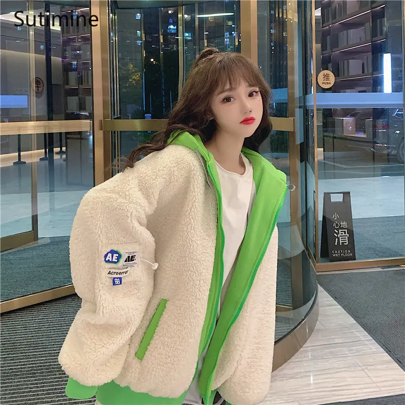 Winter Coat Office Lady Pockets Lamb Wool Splicing Cotton Coat Women Cashmere Cotton Coat Zipper Hooded Winter Clothes Women