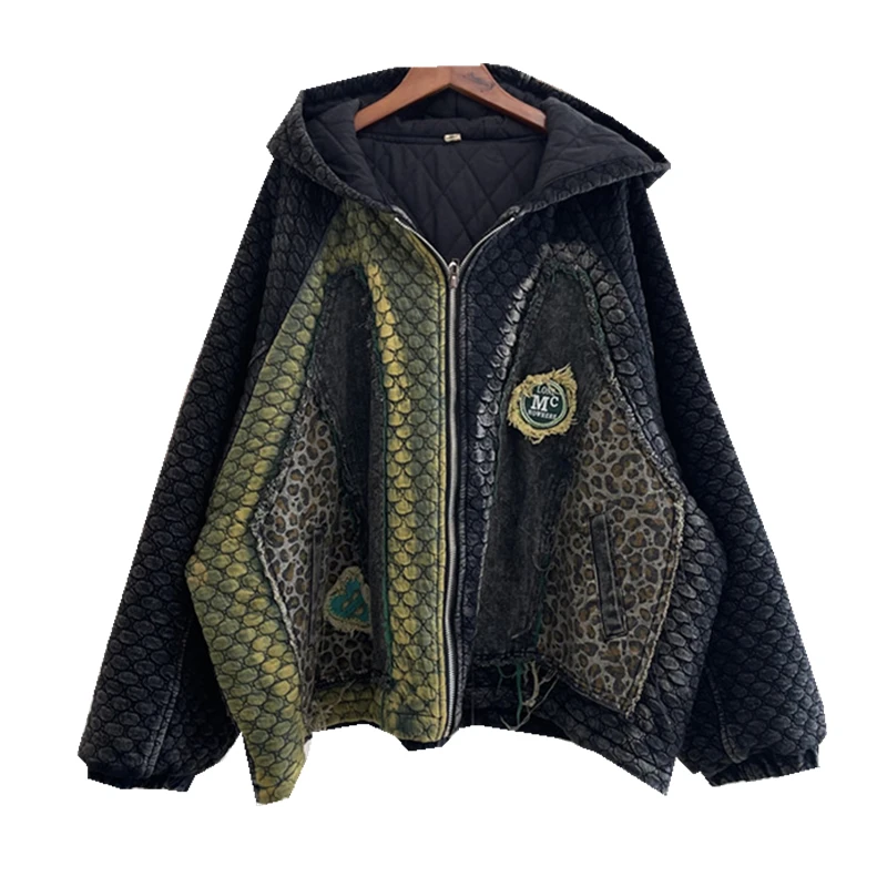 Женская джинсовая стеганая куртка с леопардовым принтом длинные рукава