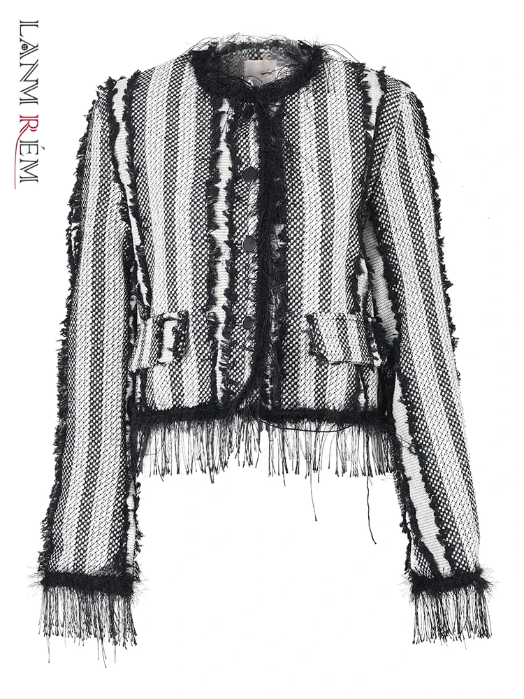 

LANMREM дизайнерские полосатые короткие куртки с кисточками для женщин, пальто с круглым вырезом и длинными рукавами для женщин 2022, осенне-зимн...