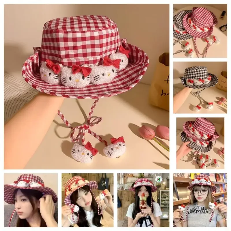 2024 рыбацкая шляпа с рисунком аниме Hello Kitty Sanrio милая красная клетчатая серия