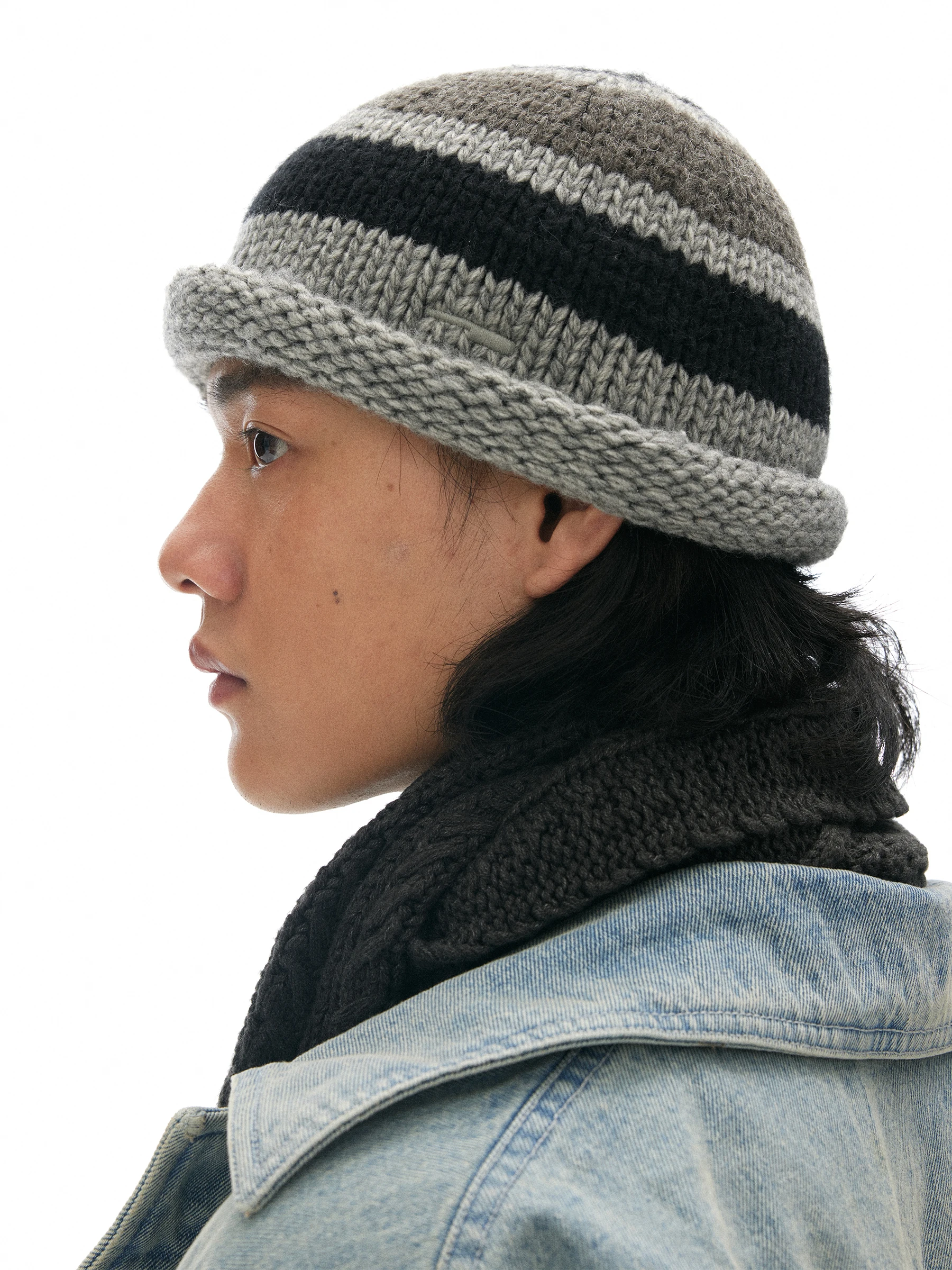 Chemical Stripe Brim Knitted Hat C4_blk/Gry/Crm_beanie