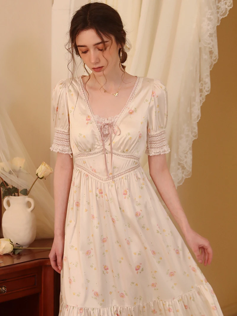 Women French Silk Short Sleeve Lace Sleepwear Romantic Nightgowns Spring Summer Printed Fairy Vintage Princess Pajama Nightdress