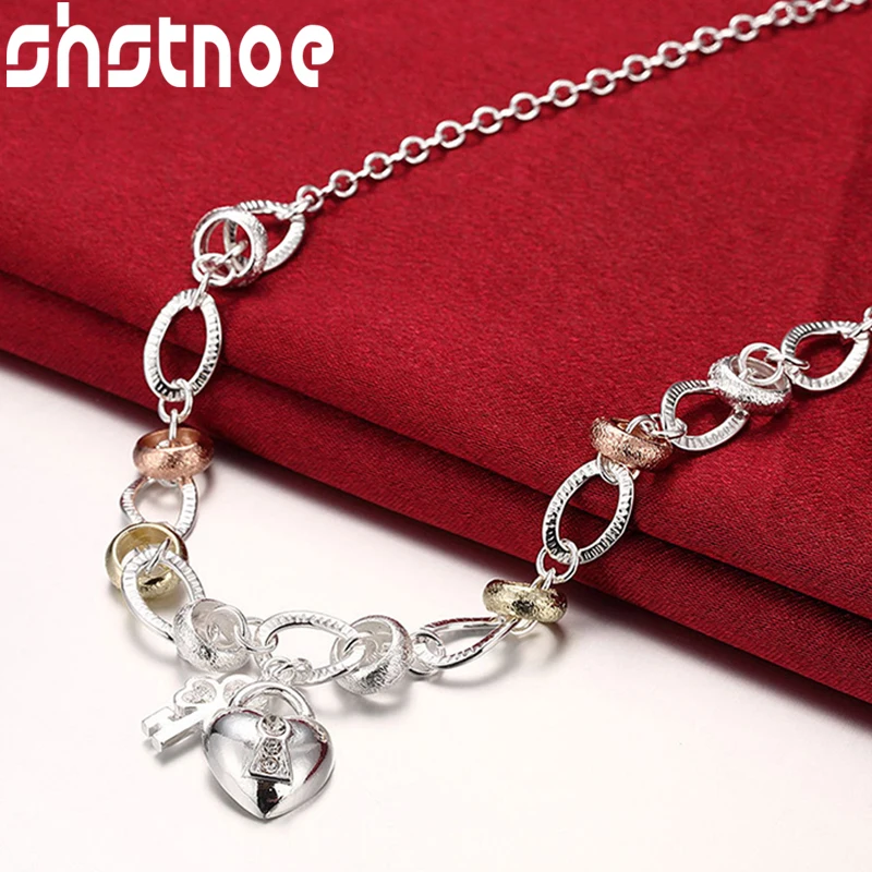 

925 Sterling Silver Heart Lock Key Pendant Necklace 20 Inch Chain For Women Man Engagement Wedding Fashion Charm Jewelry