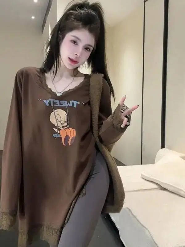 Korean Sle Brushed Lazy Loose Patchwork Lace T-shirt Women Autumn and Winter New Cartoon Print Long sleeve Bottoming Shirt Top
