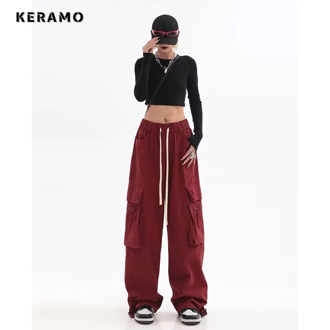 

Женские Мешковатые брюки-карго Y2K с широкими штанинами и эластичным поясом, винтажные уличные спортивные брюки, повседневные джоггеры