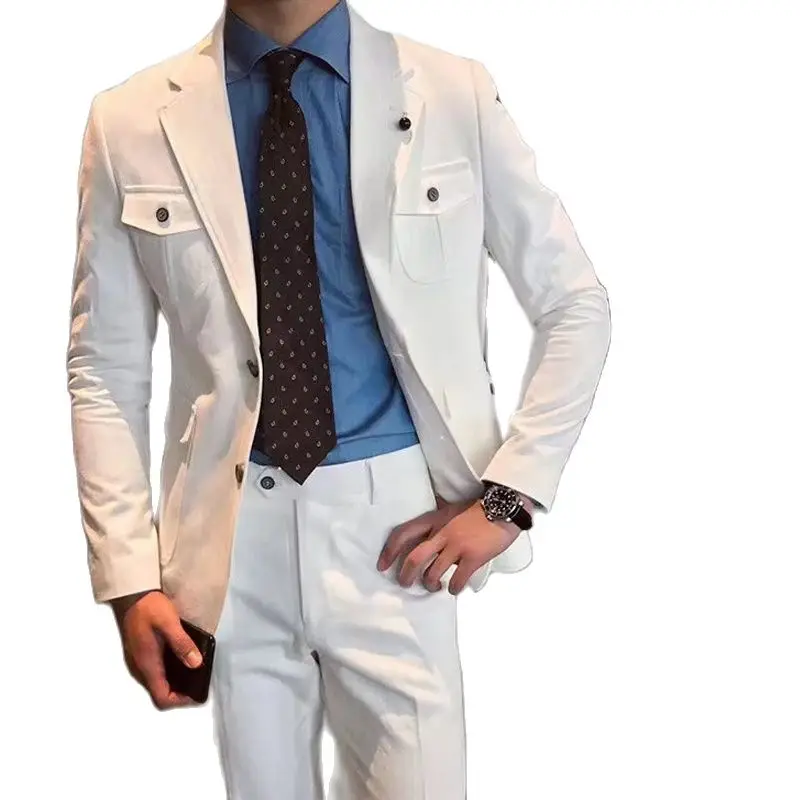 

VEIAI New White Tooling Suits for Men 2 Pieces Slim Fit Wedding Groom Tuxedo Notched Lapel Costume Homme Man Blazer Set Jacket+P