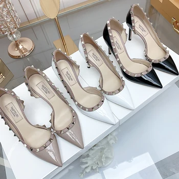 Luxury Brand Real Leather Women Pumps New Summer Sandals Fashion Rivet Patent Leather Sexy High Heels Shoes Party Office Shoes