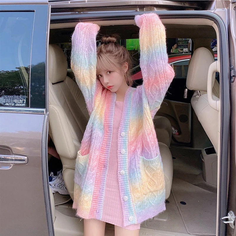 

Rainbow Knitted Cardigan Women Autumn Winter Pullover Cute Sweater Coat Female Long Korean Button Down Cardigan Fall New 2023