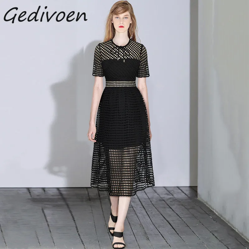 

Летнее модное модельное винтажное платье Gedivoen в клетку с вырезами женское платье средней длины с круглым вырезом и бантом