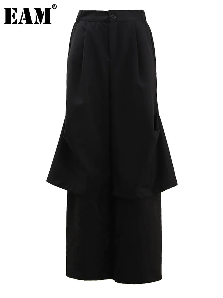 [EAM] Черные короткие длинные широкие брюки с высокой эластичной резинкой на талии