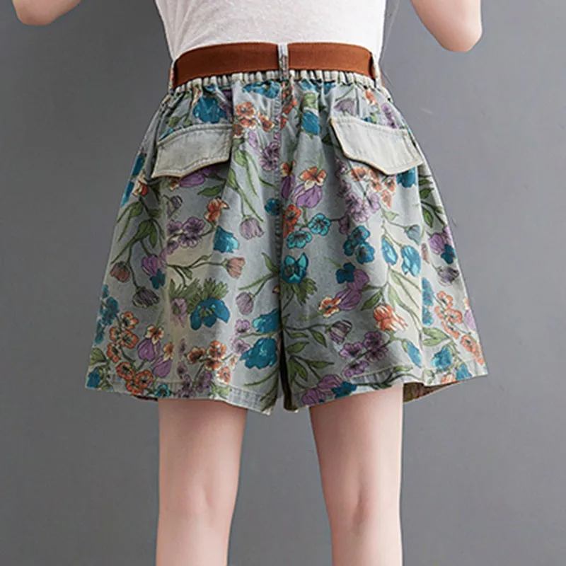 2021 Fashion Streetwear Floral Print Elastic Waist Loose Women Summer Casual Jeans Shorts Female Patchwork Pocket Denim Shorts