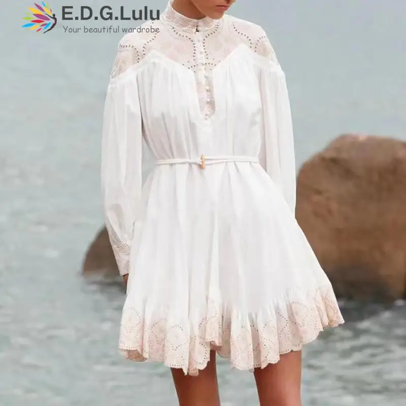 

Мини-платья EDGLuLuFashion с длинным рукавом для женщин 2022 Роскошное дизайнерское кружевное лоскутное платье А-силуэта с оборками 0307