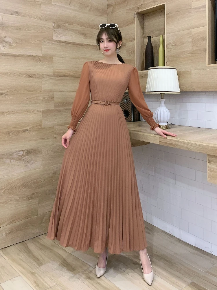 

Dress for Women Fashion Solid Color Round Neck Pleated French Long Dresses Women Clothing Women's Dress Streetwear Spring Summer