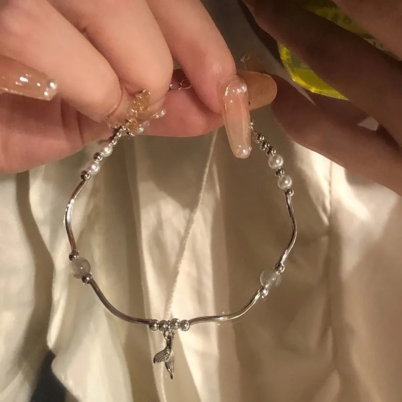 

Personality Cute Love Heart Charm Pearls Bracelets Fashion Women Moonstone Mermaid Tail Bracelet Bangle Party Jewelry Gifts