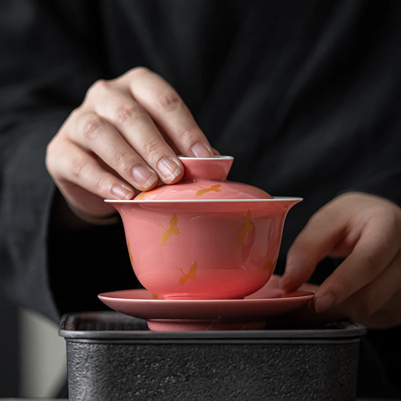 

Персиковая глазурованная чаша с тремя крышками, чайная чашка, керамический чайный инфузор ручной работы, одинарная китайская чаша для горячего чая с крышкой