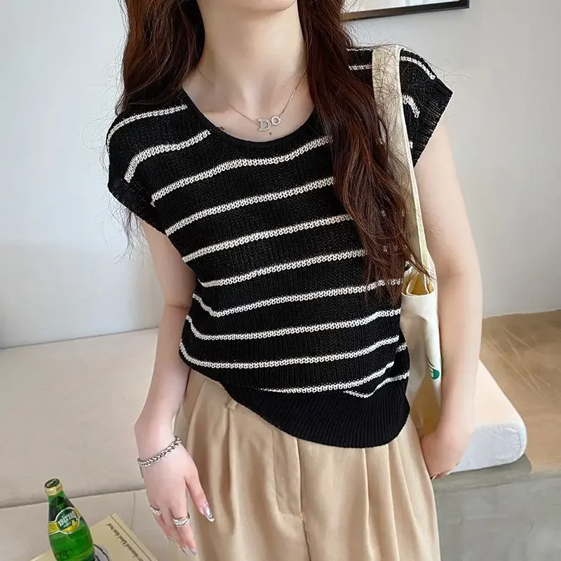 Женский трикотажный полосатый жилет из вискозы свободная летняя футболка без