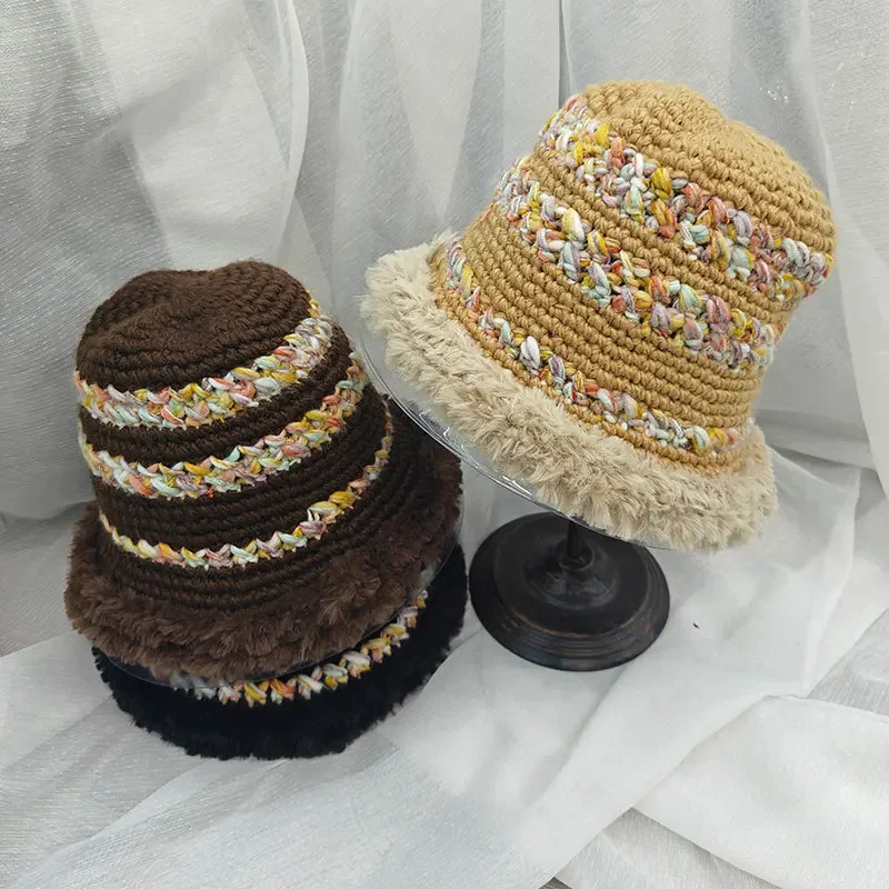 Wholesale New 2024 Korean Style Colorful Striped Plush Fishing Cap Women's Large Head Circumference Warm Thickened Pot