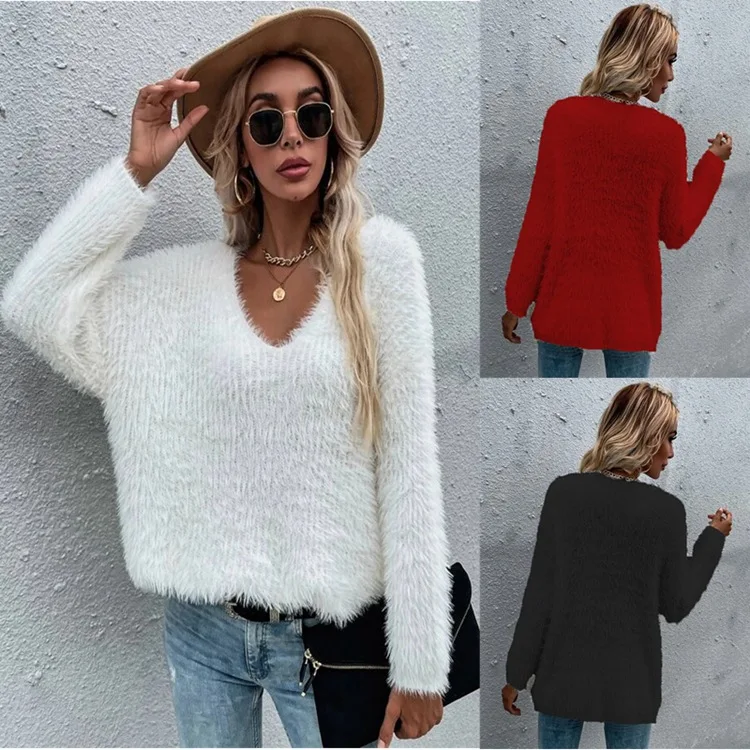 

Sexy off shoulder V-neck knitted coat sweater long sleeve fluffy women's pullover sweater