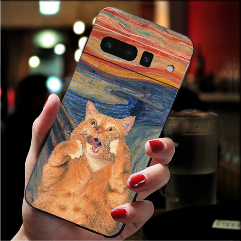 Фото Чехол для телефона Google Pixel 9 Pro XL 8 7 Pro 8A 7A 7 6A 6 Pro Pixel 4 3 XL 5 6 4A с рисунком Scream Cat Art Painting Funda №2