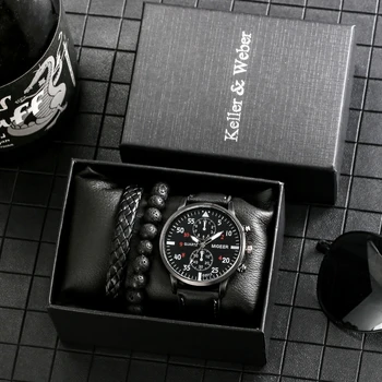 Classic Black Men Watch Bracelet Set Vintage Woven Bracelets Bead Chain Generous Quartz Wristwatch Gift Box Best Birthday Gifts Other Image