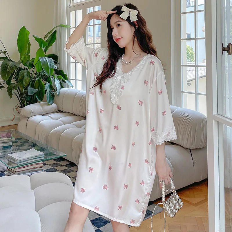 Nightdress Women's Spring and Autumn Summer Silk Ice Large Size Loose Sweet Dress Sexy Korean Style Pajamas Home Wear