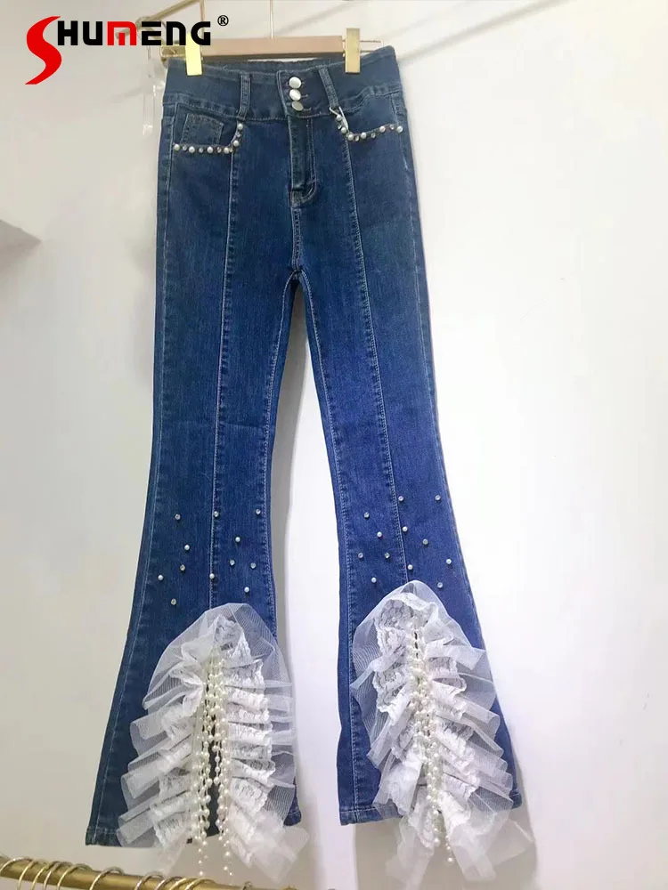 

Women's Autumn New Korean Style Fashion Sweet Beads Tassel Slit Jeans Ladies Elegant Fairy Solid High Waist Slimming Denim Pants