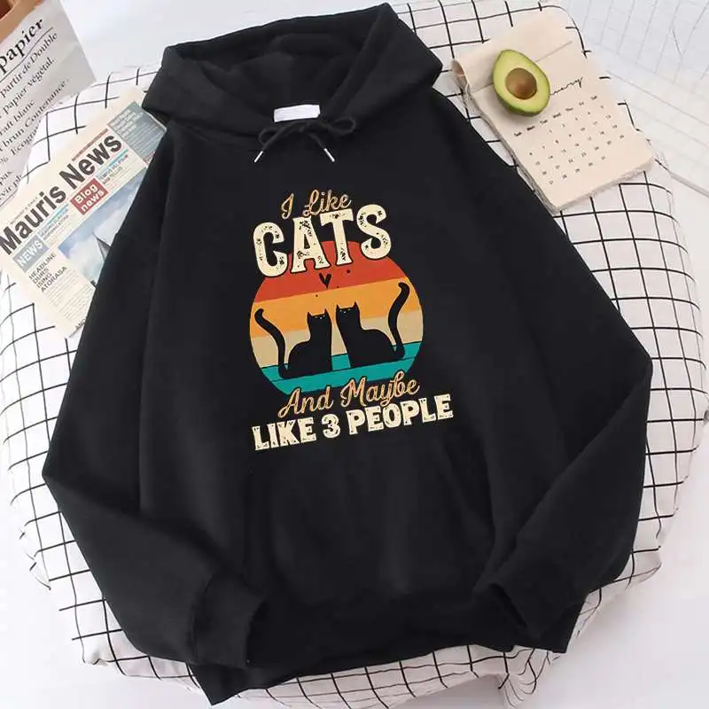 

I Like Cats and Maybe Like 3 People Print Hoodies Autumn Loose Warm Sweatshirt Fashion Crewneck Hoodie Kawaii Cats Women Clothes