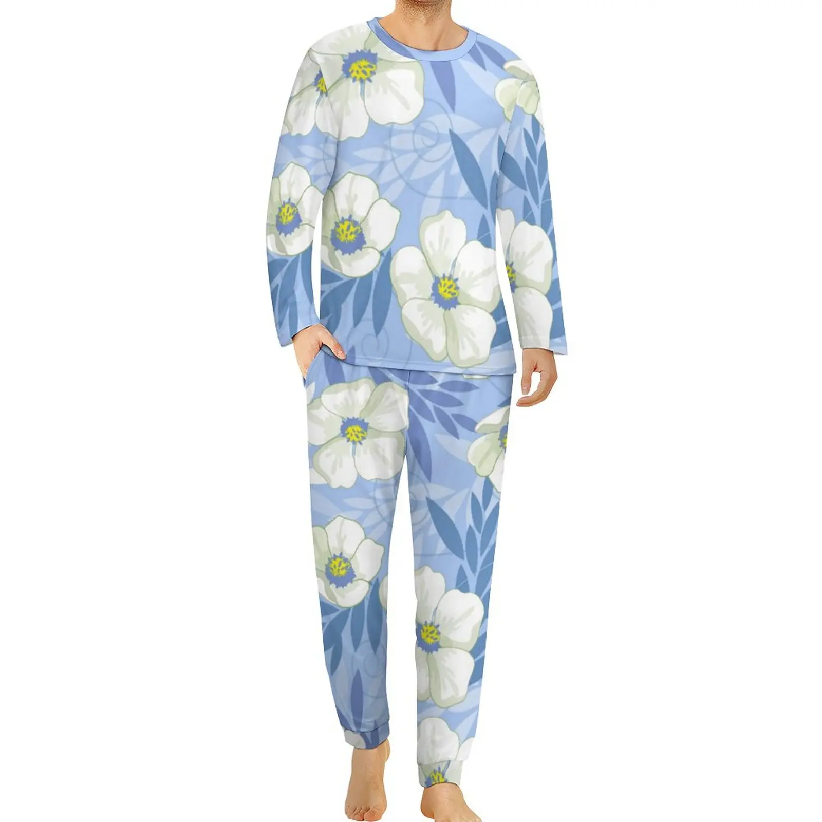 White Flower Print Pajamas Men Floral Leaves Soft Sleepwear Spring Long-Sleeve Two Piece Bedroom Design Pajama Sets Big Size