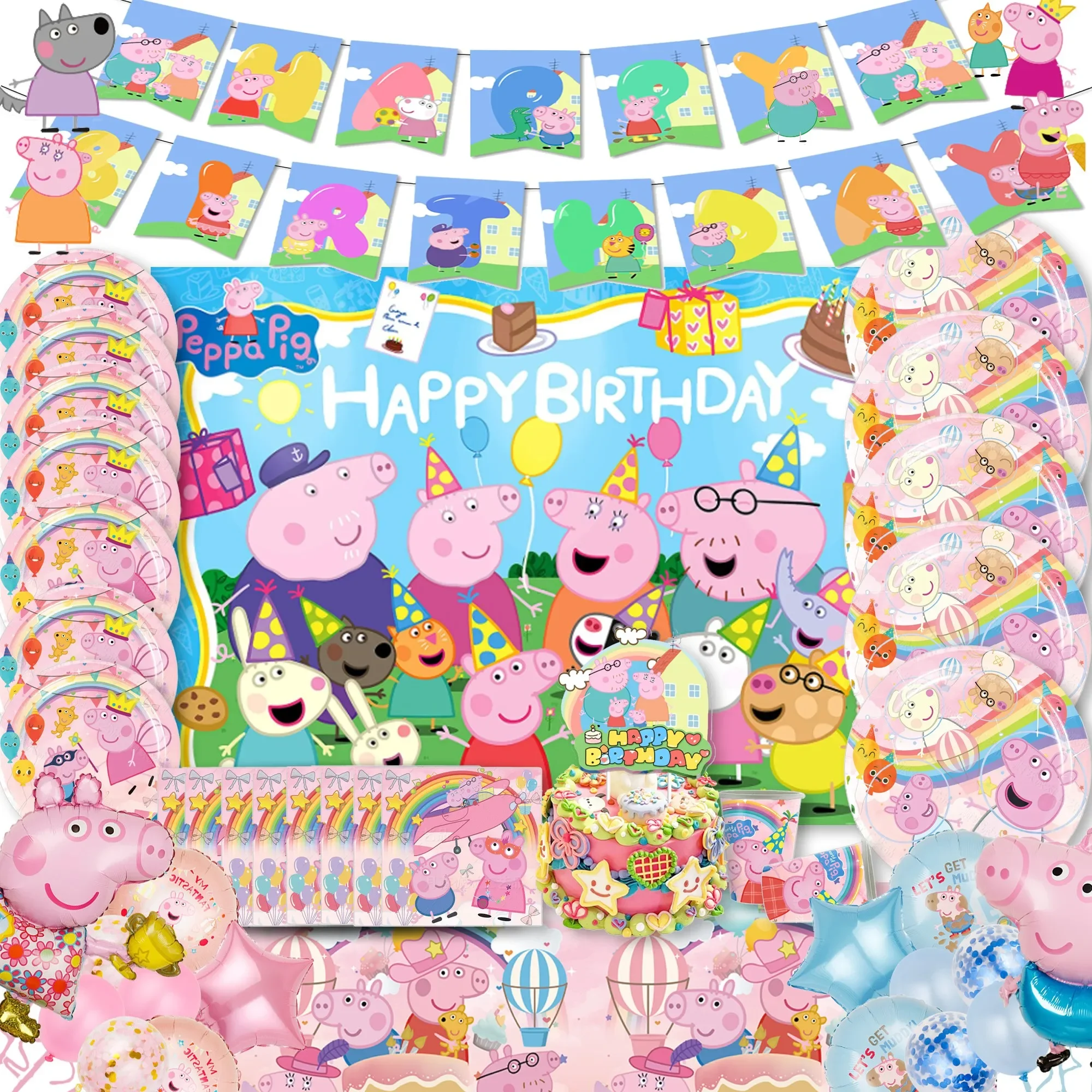 Cartoon Peppa Pig family Birthday Party cutlery plate Disposable Banner Topper Hanging Flag Balloons Cake shop Decoration