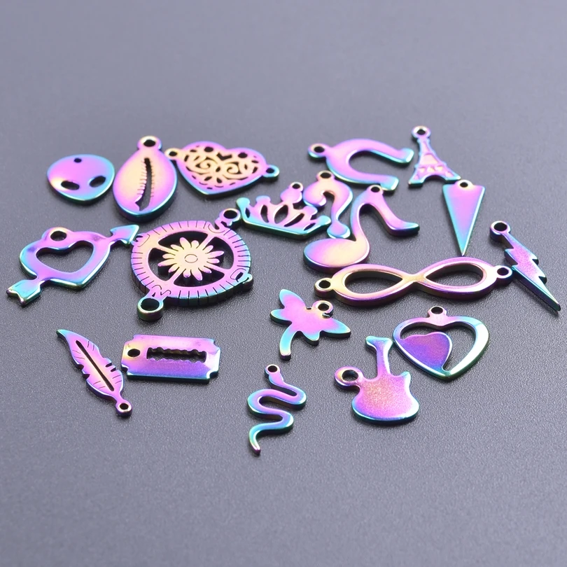 

20Pcs Openwork Heart Shell Horseshoe Iron Tower Feather Crown Note Lightning Alien Rainbow Color Charms Pendant For DIY Jewelry