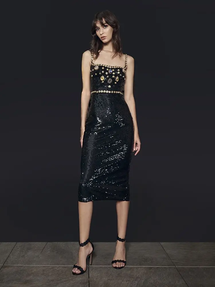 

2022 Summer New Women'S Sexy Luxury Spaghetti Strap Diamond Sequin Patchwork Dress Bodycon Celebrity Club Party Evening Dress