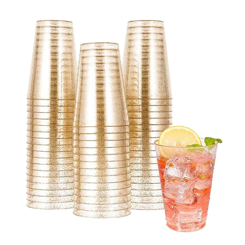 

50 шт., 10 унций, Золотые пластиковые стаканчики, одноразовые пластиковые стаканчики с золотыми блестками, прозрачные пластиковые стаканчики, свадебные стаканчики, стандартные стаканчики