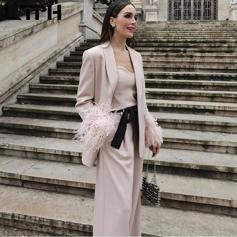 LTPH blazer set women three-piece suit vintage casual loose feathers sleeve blazers camisole wide-leg pant suits 2023 autumn new