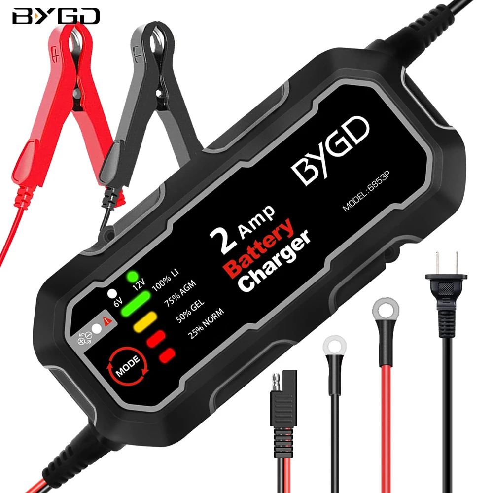

BYGD 2 Amp Fully-Automatic Smart Charger 6V 12V Car Battery Charger Maintainer Trickle Charger for Boats/Motorcycle/Car/Mower