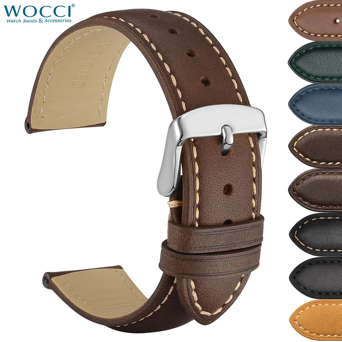 WOCCI Genuine Leather Watch Strap 14mm 16mm 18mm 19mm 20mm 21mm 22mm 23mm 24mm Replacement Watch Bands for Men Women Wristwatch