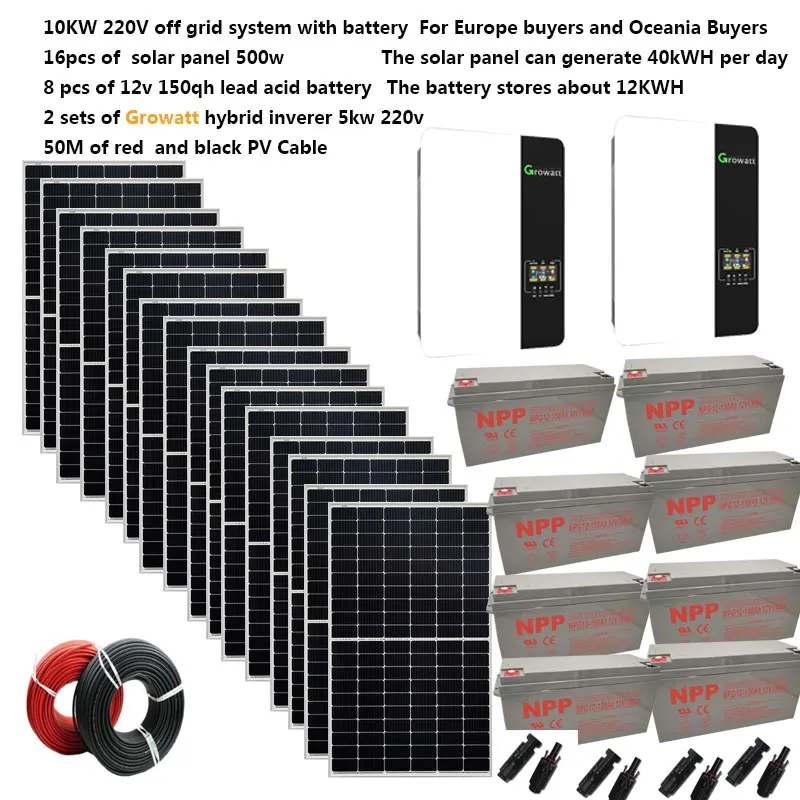 

Solar System Complete For Home Kit With Battery 10000W 220V AC Off Grid Solar System Growatt UPS Hybrid Inverter MPPT Farm Pool