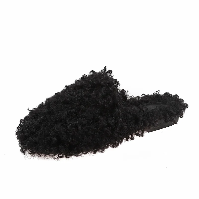 Furry Half Slipper Women Autumn Winter Round Head Plus Plush Flats Lazy Muller Warm Cotton Shoes Large Size 41-44 Women Shoes