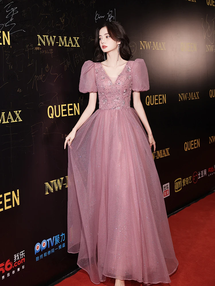 

Fancy Pink Evening Dresses Long Elegant V-Neck A-Line Floor-Length Luxury Appliques Women Prom Gowns For Graduation Party